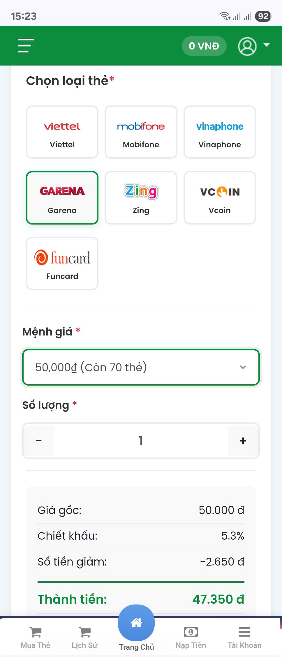 Bước 1: Chọn loại thẻ và mệnh giá